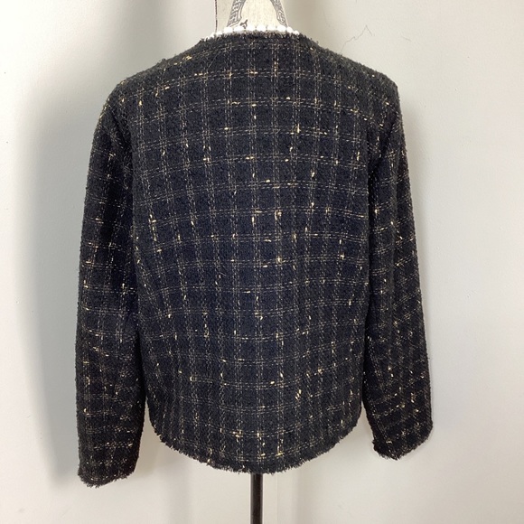 Halogen Women’s Black with Gold Thread Plaid Open Tweed Blazer with Fringes - Picture 3 of 5